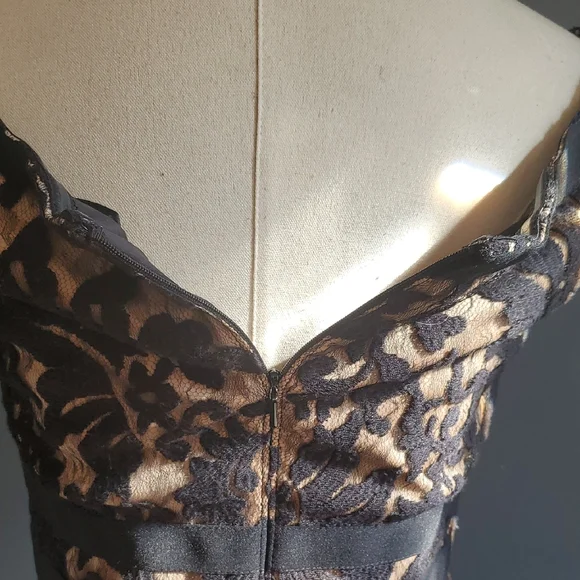 Tadashi Shoji Banded Lace  Black and Tan Maxi Gown with Flutter Cap Slee… - Picture 11 of 12